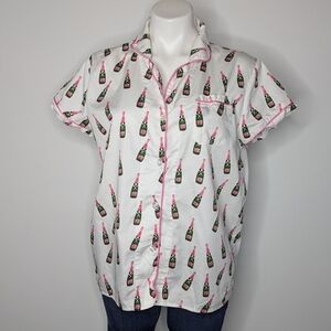 Toss Designs White Pink Green Champagne Bottle Button Down Pajama Top L
